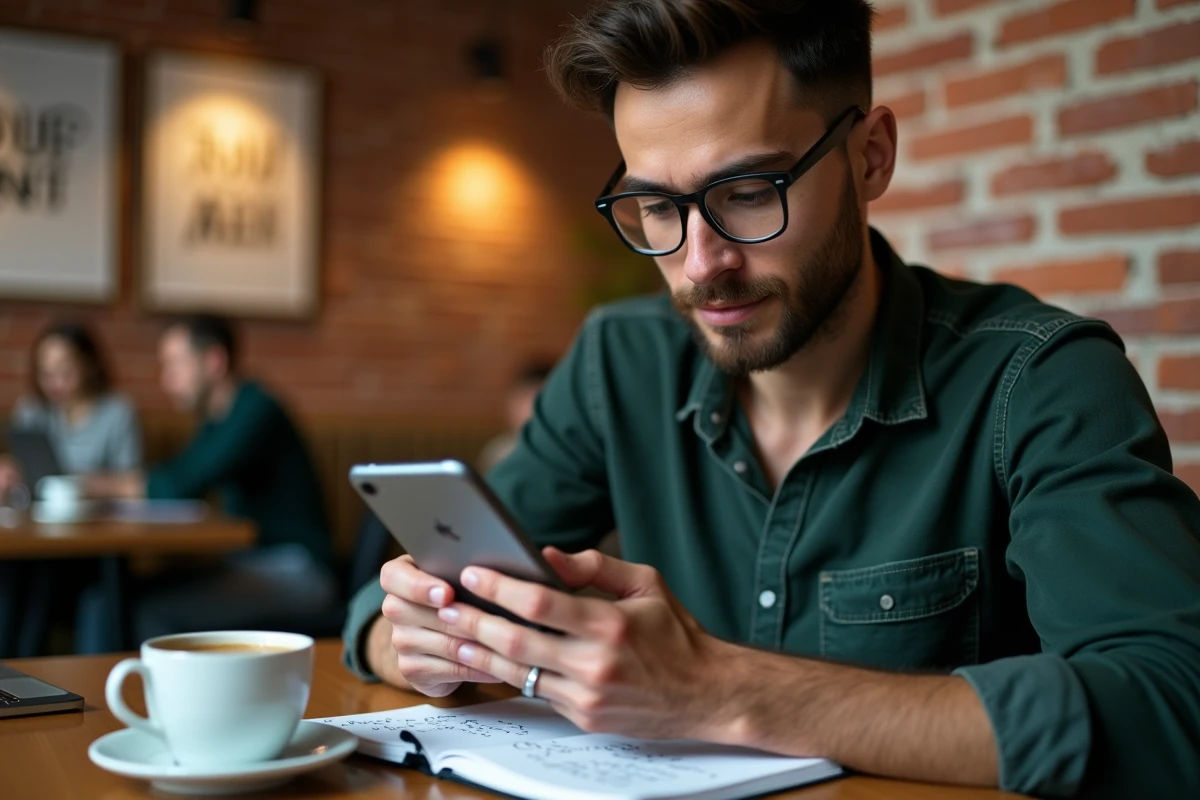 Jeune entrepreneur consultant l'application mobile de sa banque professionnelle dans un espace de coworking
