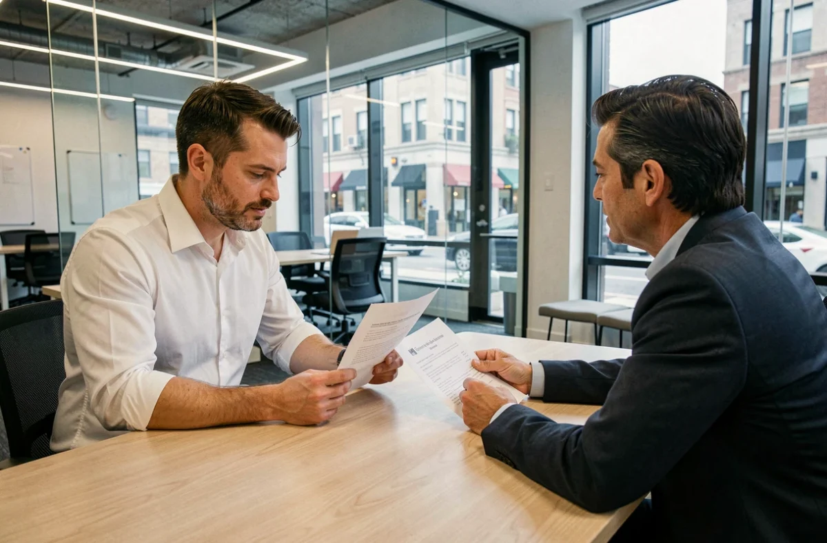 Entrepreneur discutant du prix de son assurance responsabilité civile professionnelle avec un conseiller