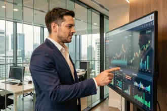 Entrepreneur fintech analysant des données de levée de fonds sur un tableau de bord numérique dans un bureau moderne