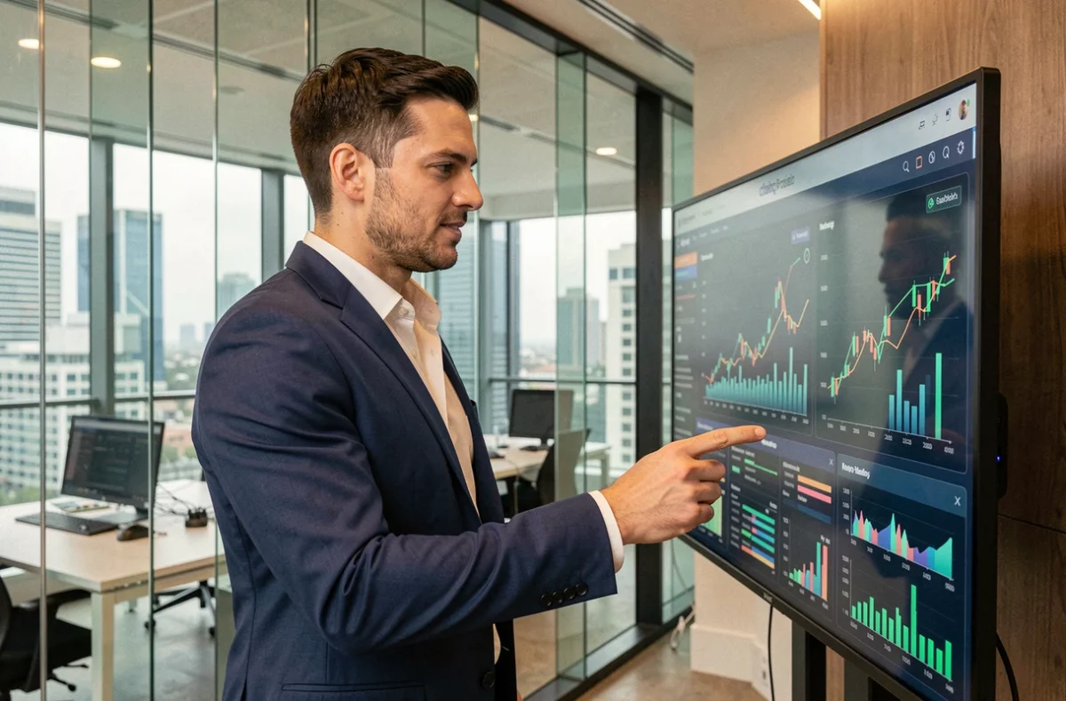 Entrepreneur fintech analysant des données de levée de fonds sur un tableau de bord numérique dans un bureau moderne