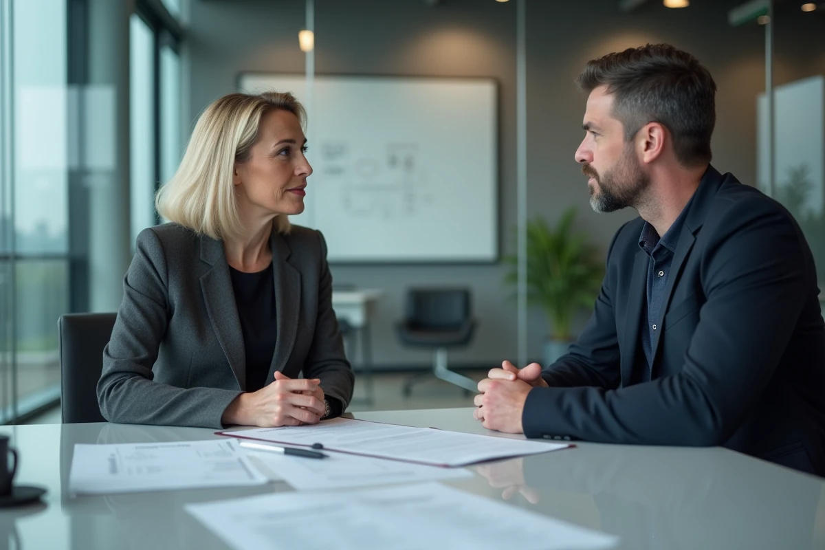 Entretien RH entre deux professionnels discutant des indemnités de rupture de contrat et du calcul de l'ARE