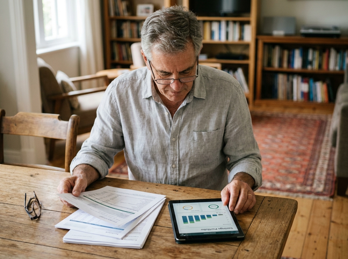 Épargnant senior analysant ses placements en SCPI de santé depuis son domicile