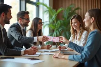 Groupe de professionnels échangeant un bon cadeau dans une réunion