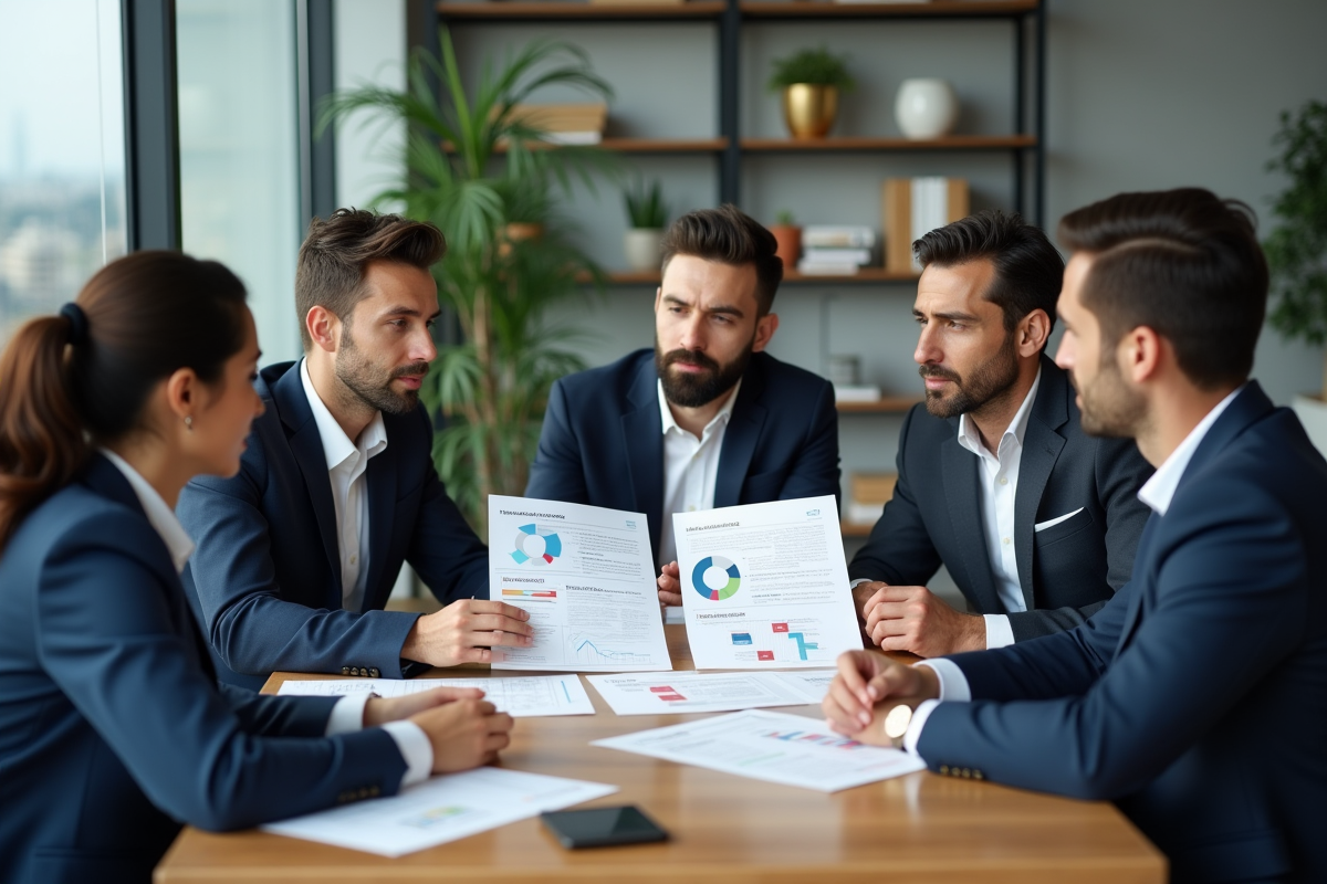 Groupe de professionnels en réunion avec graphiques SWOT et PESTEL