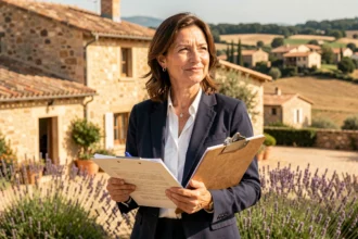 Experte immobilière professionnelle devant une villa provençale en Provence-Alpes-Côte d'Azur