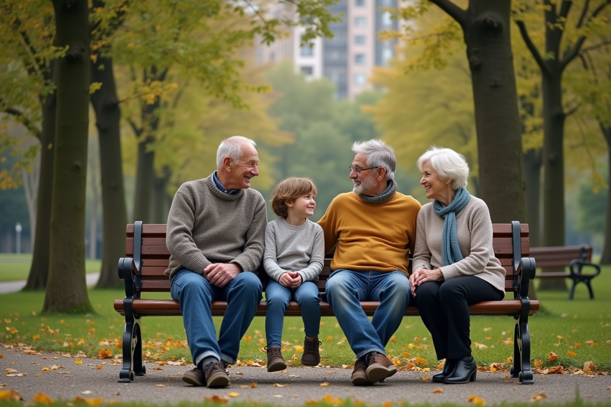 Famille de quatre personnes discutant dans un parc en été