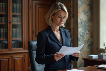 Femme en costume navy dans un bureau parisien élégant