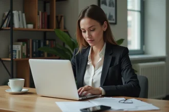 Femme d'affaires examine son application bancaire sur son ordinateur