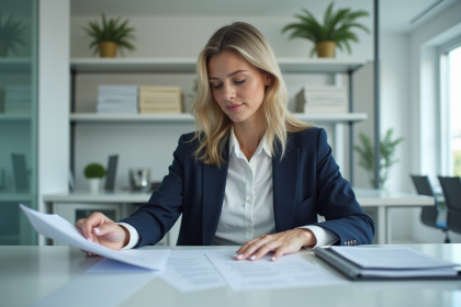 Femme d affaires examinant des documents dans un bureau bancaire