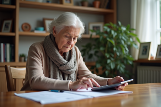 Femme âgée vérifiant ses documents de pension à la maison
