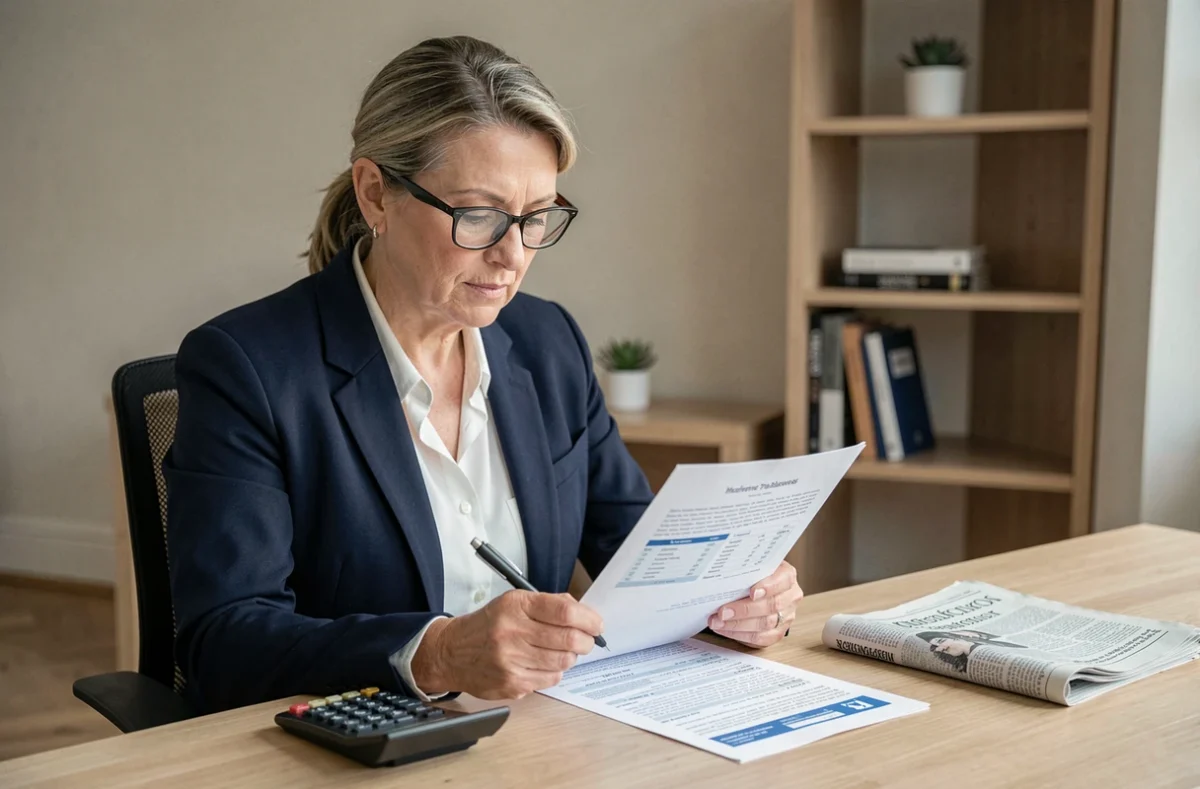 Femme mature analysant un devis d'assurance emprunteur immobilier à son bureau à domicile