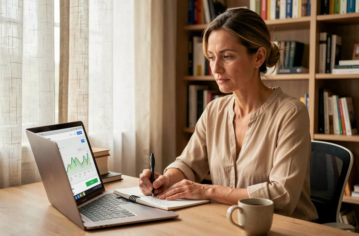 Femme analysant son contrat d'assurance vie avec SCPI sur ordinateur portable dans un bureau à domicile