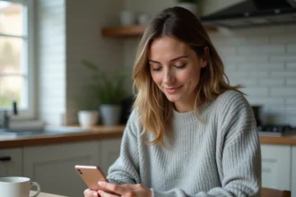 Femme consultant son espace client Société Générale sur smartphone depuis sa cuisine