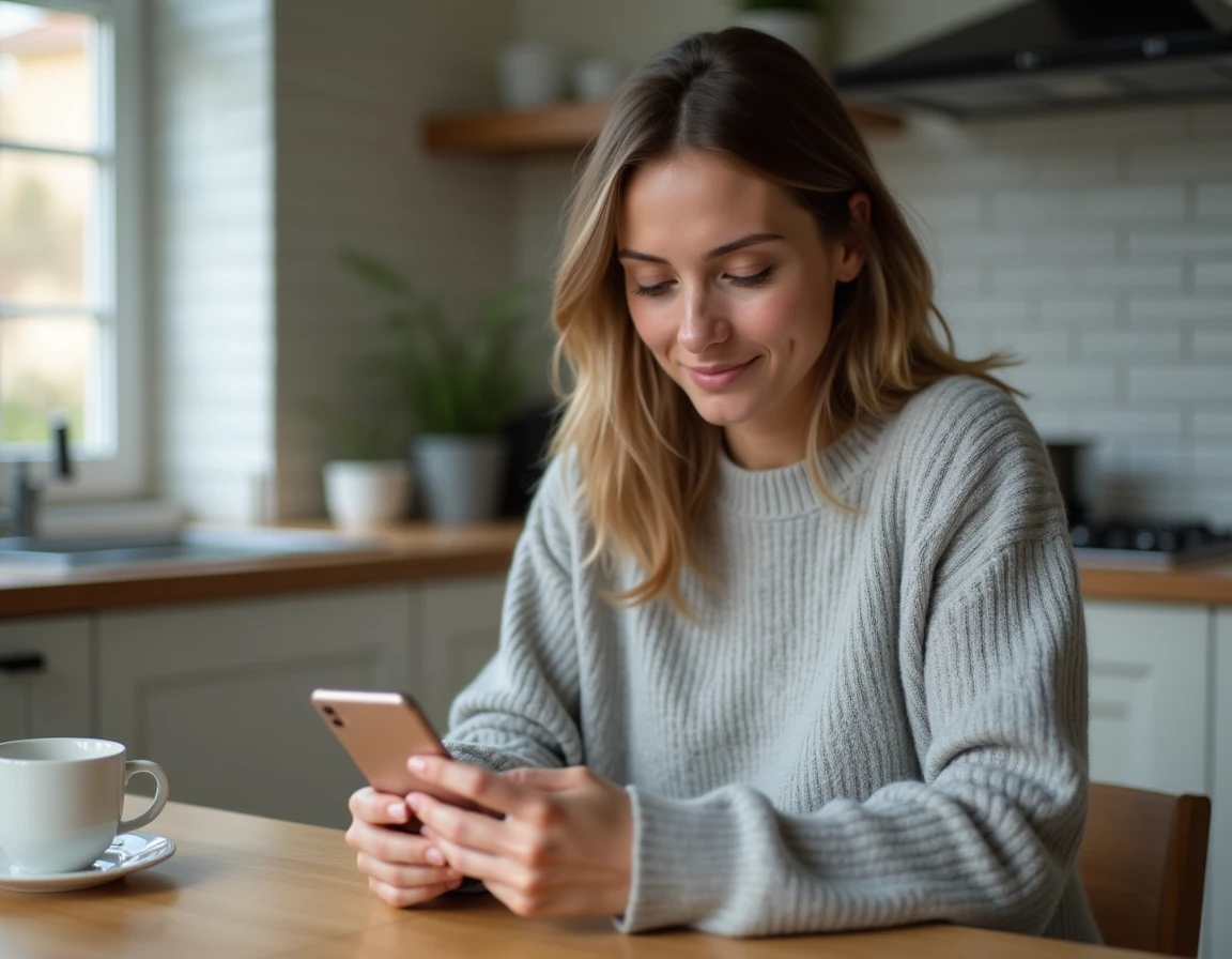 Femme consultant son espace client Société Générale sur smartphone depuis sa cuisine