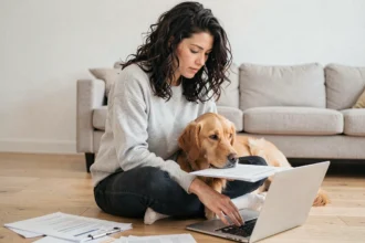 Femme consultant des documents d'assurance pour son chien golden retriever dans un appartement moderne