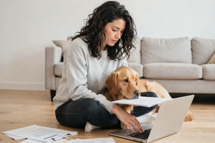 Femme consultant des documents d'assurance pour son chien golden retriever dans un appartement moderne