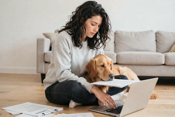 Femme consultant des documents d'assurance pour son chien golden retriever dans un appartement moderne
