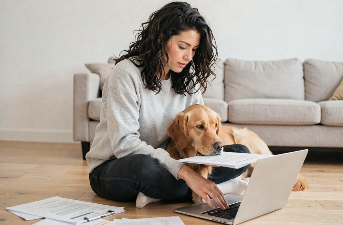 Femme consultant des documents d'assurance pour son chien golden retriever dans un appartement moderne
