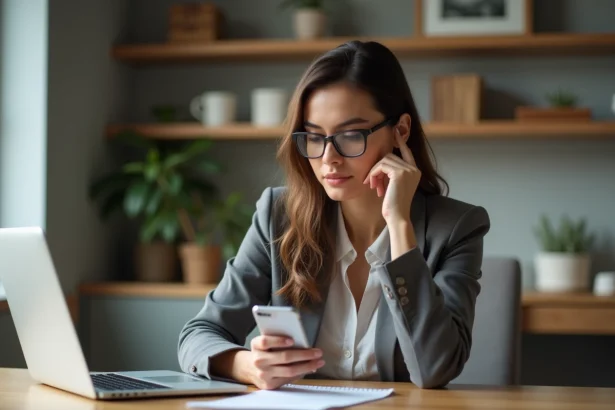 Femme concentrée utilisant la banque en ligne depuis son bureau