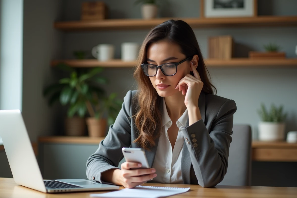 Femme concentrée utilisant la banque en ligne depuis son bureau
