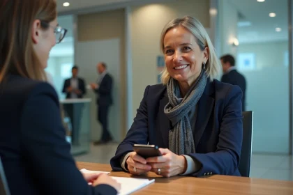 Femme d'âge moyen dans une agence bancaire moderne