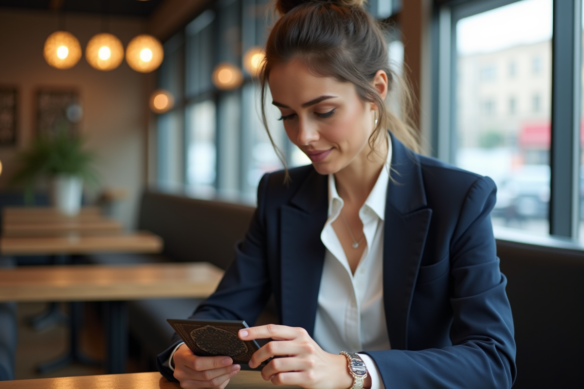 Femme élégante examinant sa carte bancaire dans un café moderne