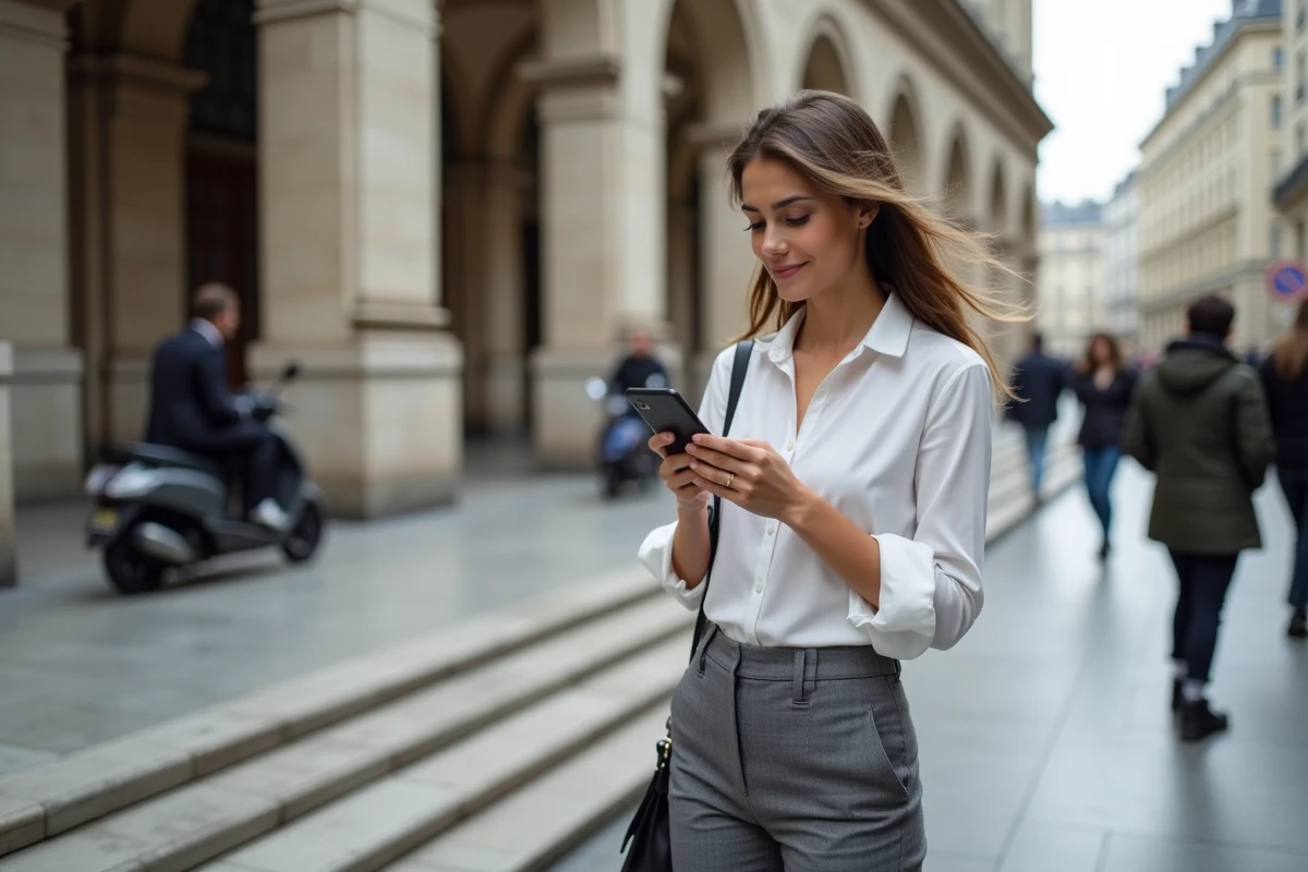 Jeune femme regardant son smartphone devant la bourse de Paris