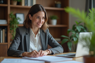 Femme professionnelle au bureau à domicile en train de revoir des documents