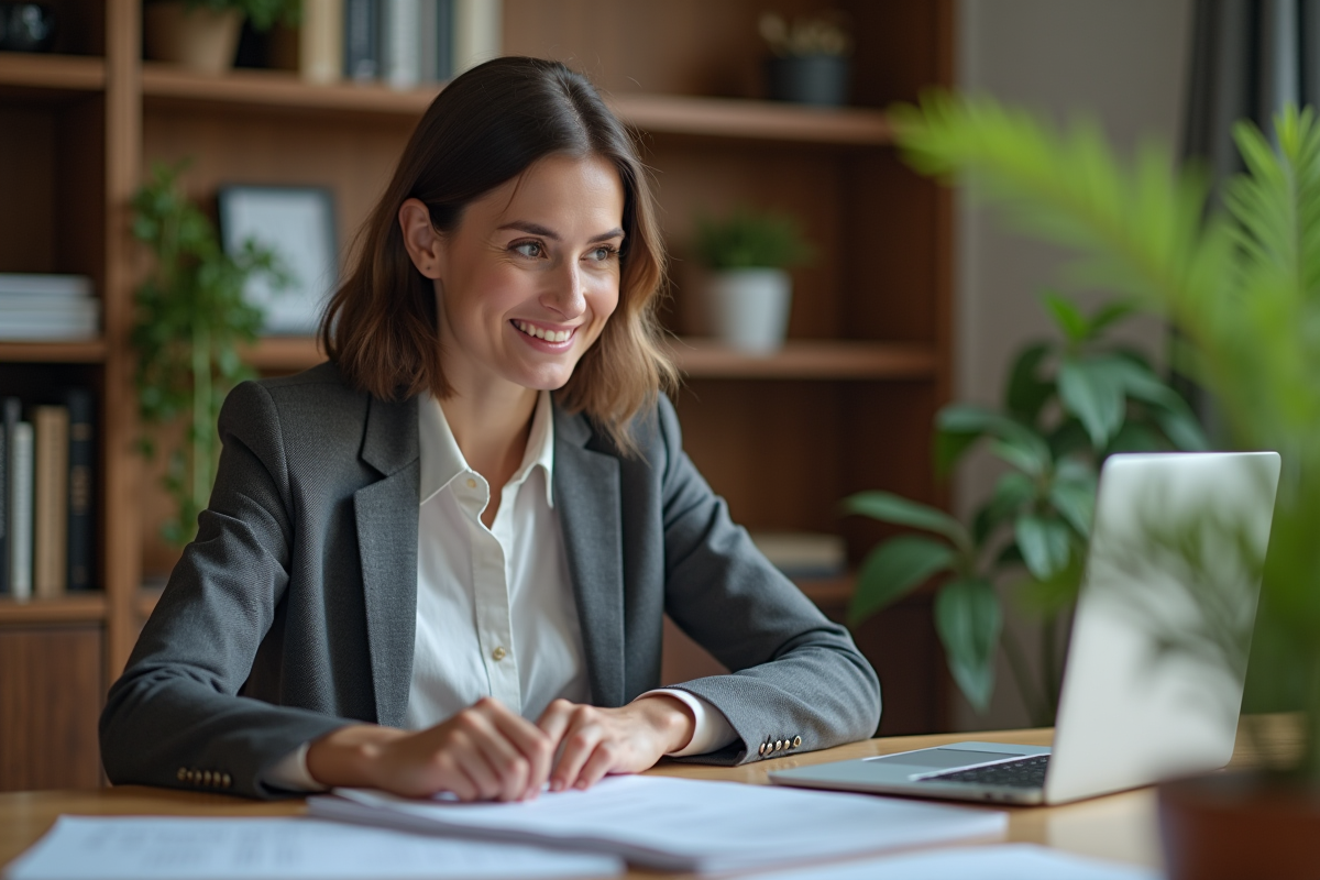 Femme professionnelle au bureau à domicile en train de revoir des documents