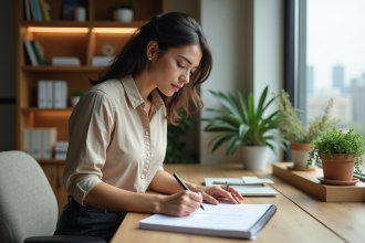 Jeune femme au bureau écrivant ses objectifs