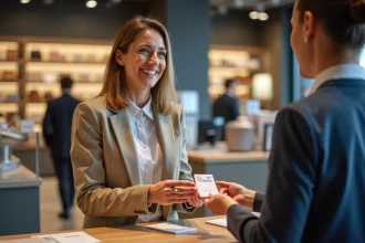 Femme souriante avec carte cadeau au magasin