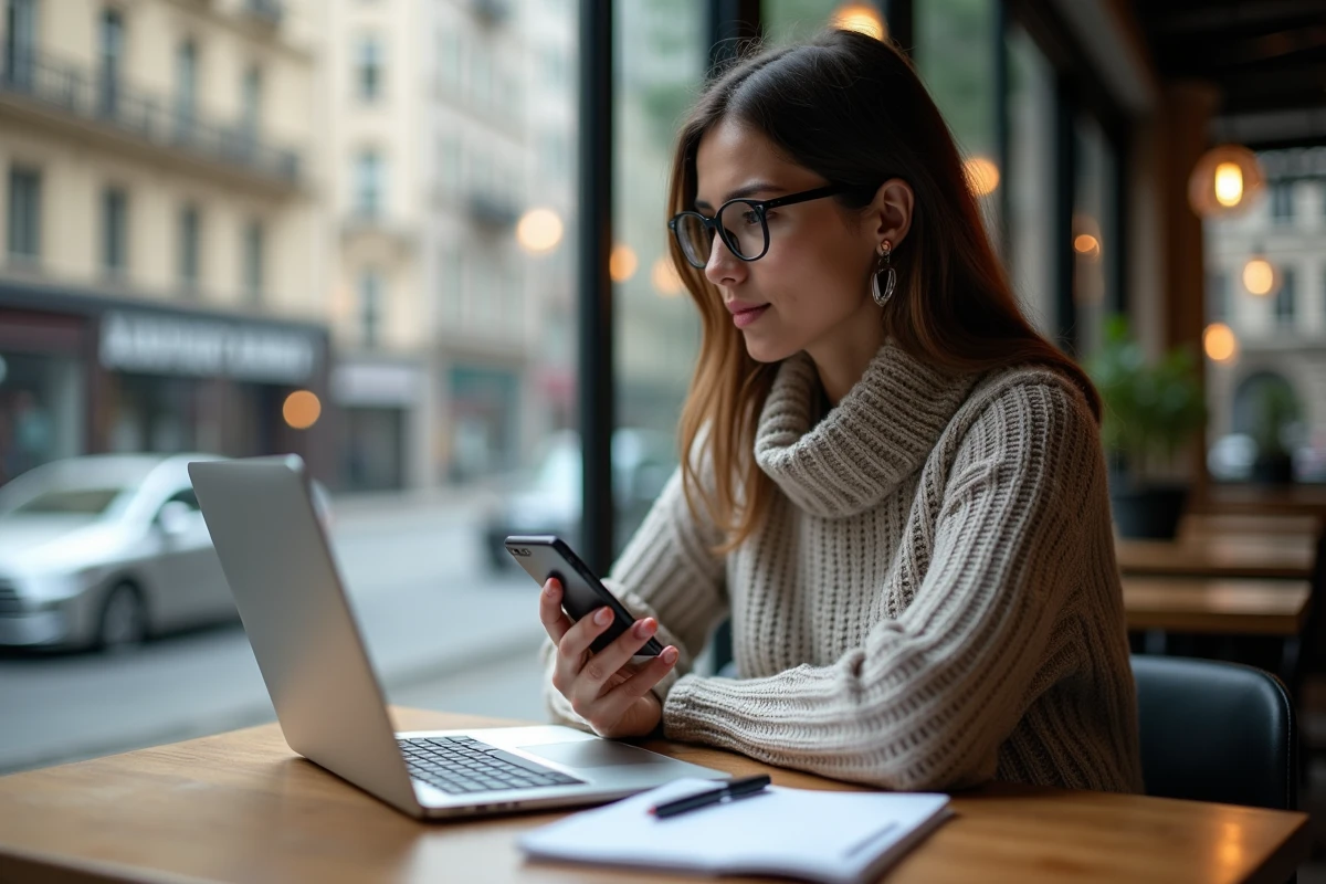 Jeune femme travaille sur son ordinateur dans un café urbain
