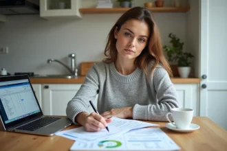 Femme consultant ses fiches de paie et calculant son salaire net depuis le brut à une table de cuisine moderne