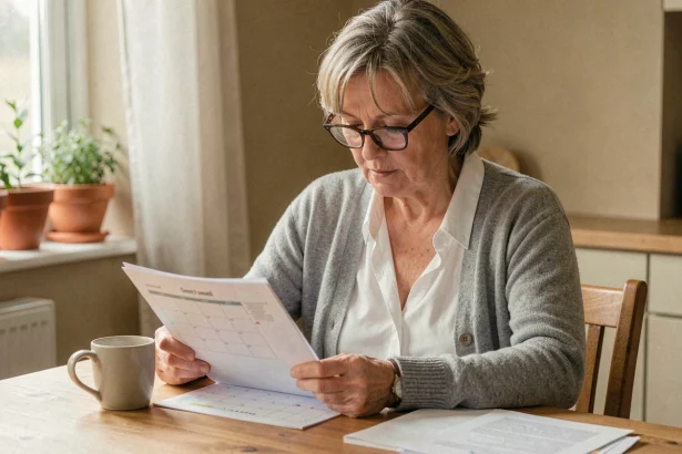 Femme d'une cinquantaine d'années consultant un calendrier de paiement de pension d'invalidité à sa table de cuisine