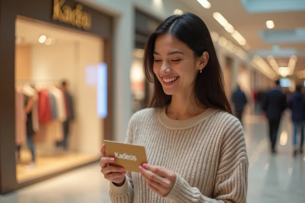 Femme tenant une carte cadeau Kadéos Infini dans un centre commercial moderne, souriant en regardant la carte