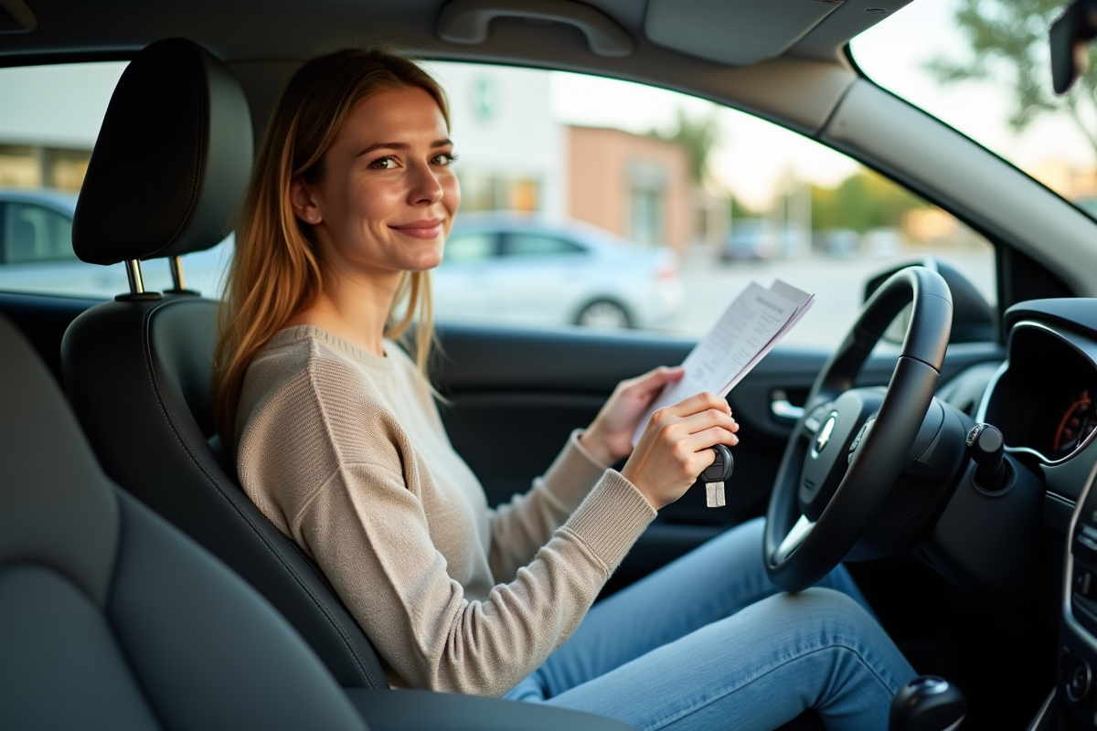 Femme souriante avec clé de voiture dans un concessionnaire