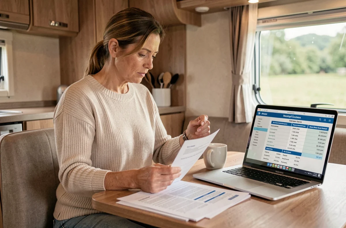 Femme comparant les tarifs d'assurance camping-car sur ordinateur portable à l'intérieur d'un véhicule de loisirs