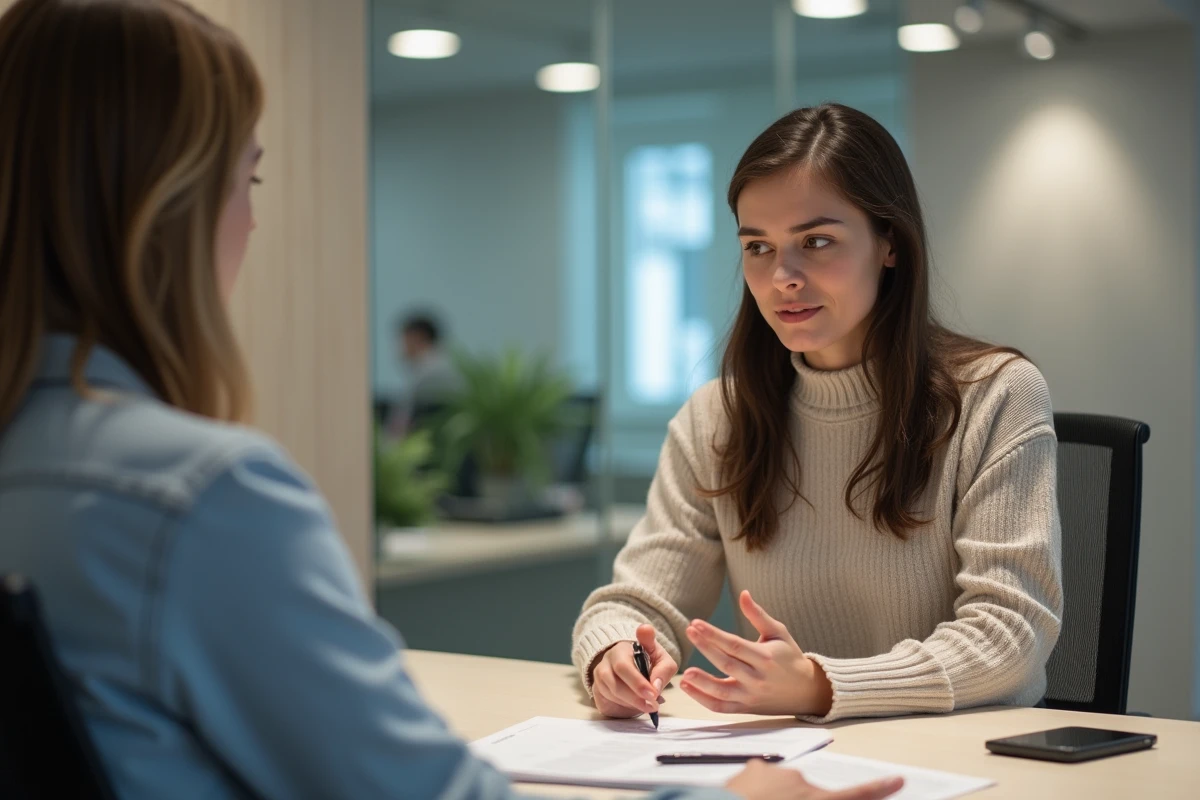 Jeune femme parle avec un conseiller bancaire en agence