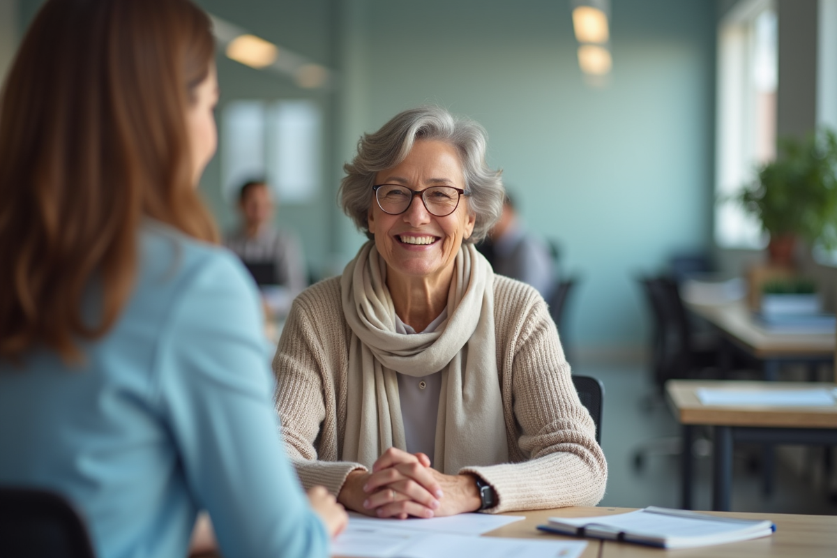 Femme souriante en discussion avec un conseiller administratif