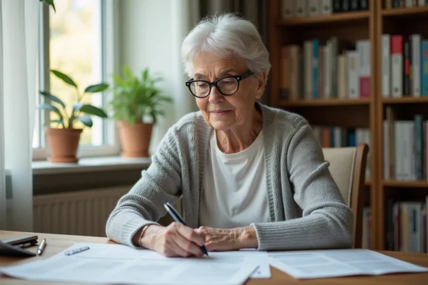 Femme mature consultant des documents d'assurance vie à son bureau à domicile, stylo à la main, ambiance sérieuse et professionnelle
