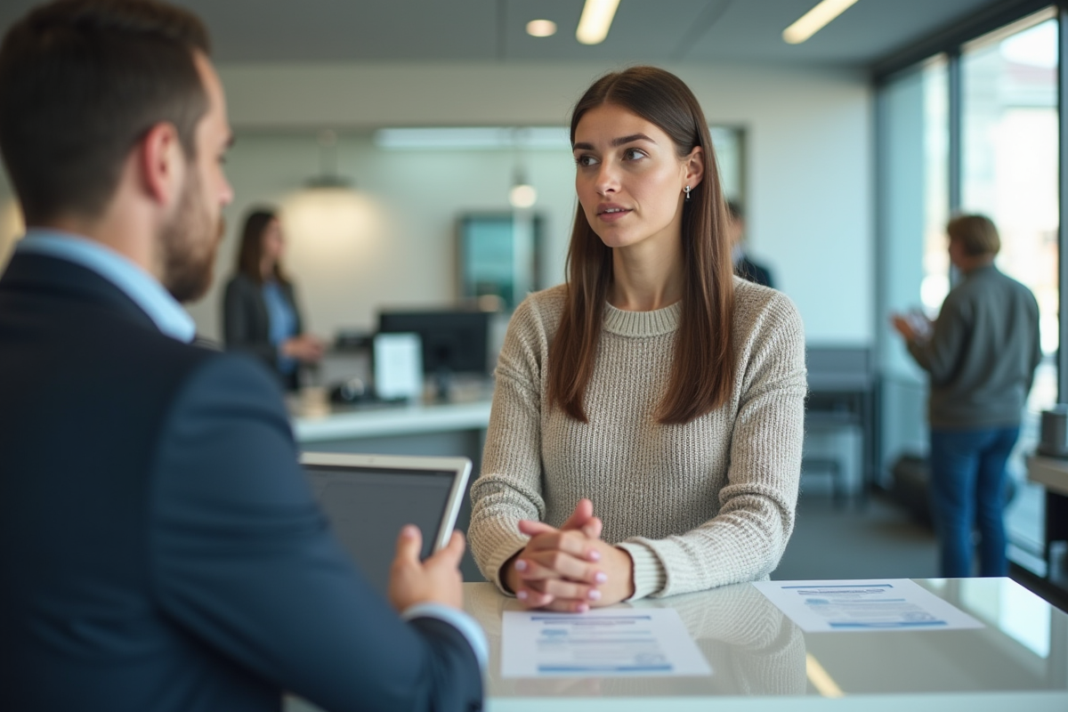 Jeune femme discutant avec un conseiller bancaire dans une agence