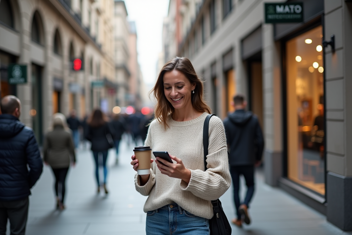 Femme vérifiant une application crypto dans la ville