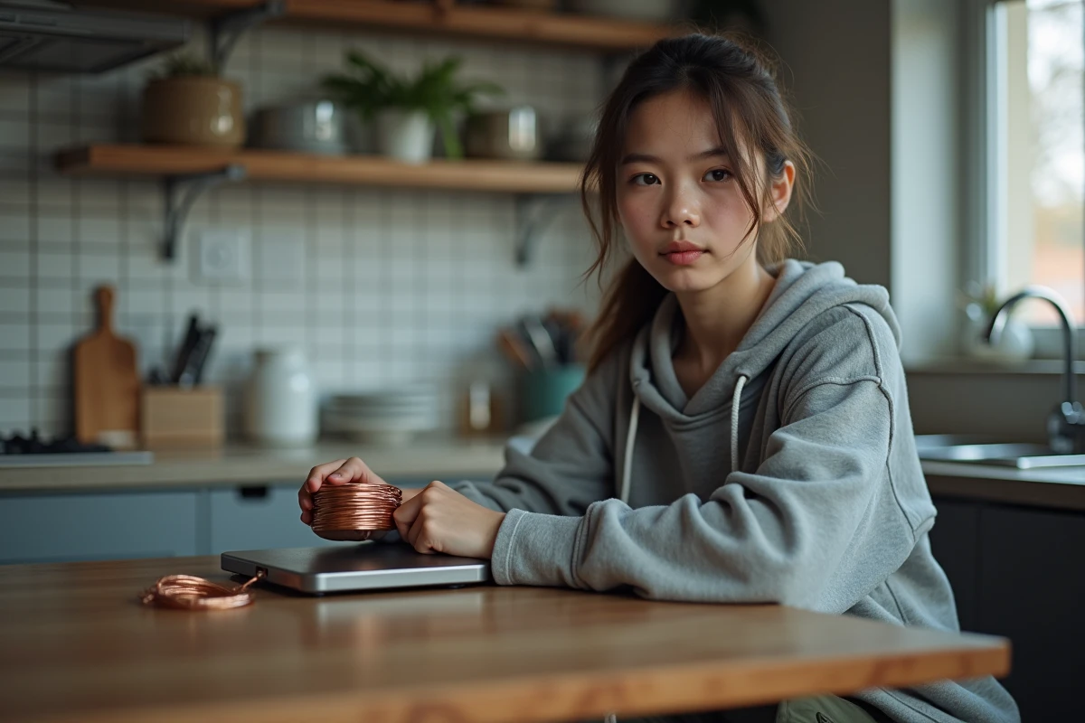 Jeune femme pèse des fils de cuivre dans une cuisine urbaine
