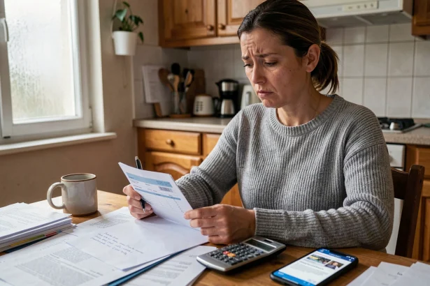 Femme consultant ses fiches de paie et documents pour déclarer ses revenus et calculer sa prime d'activité