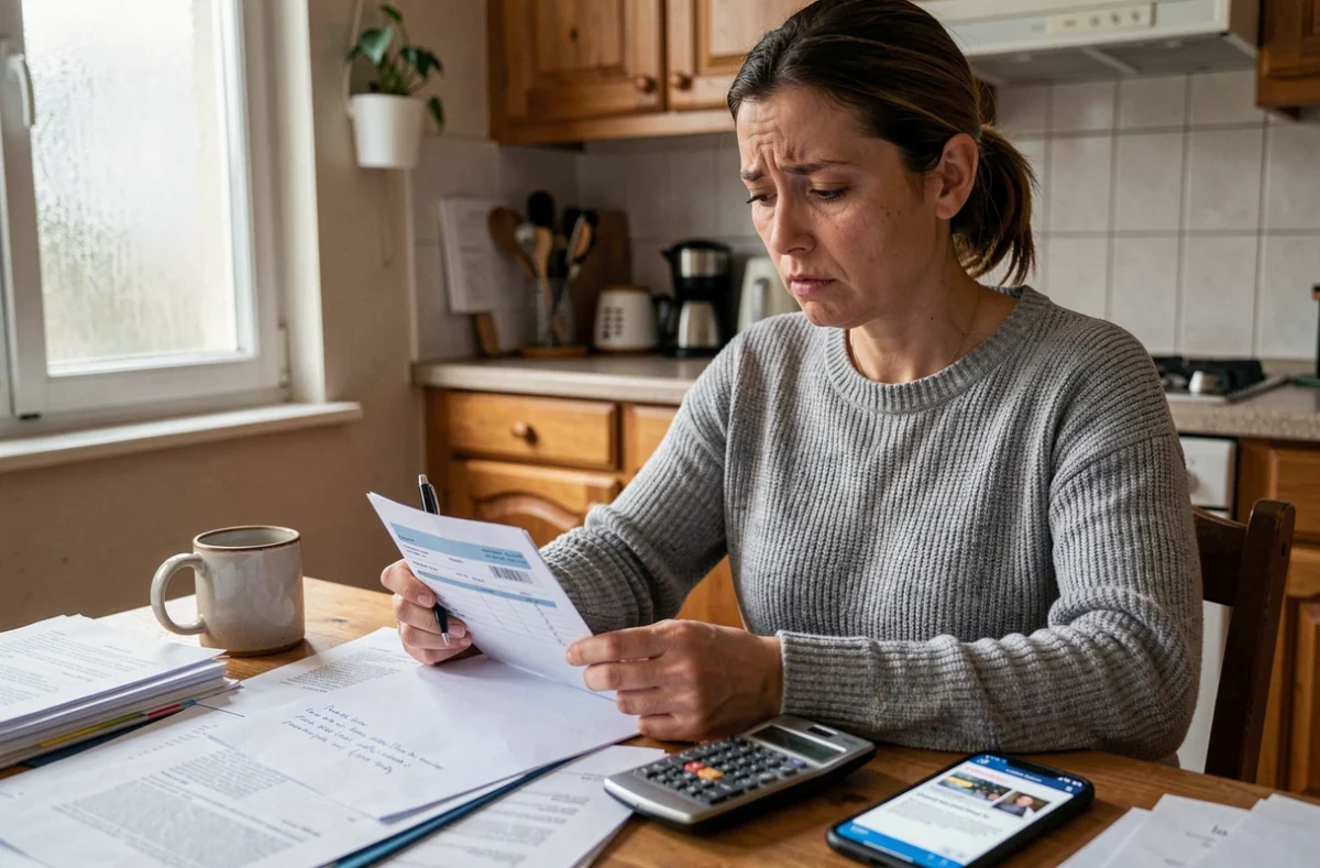 Femme consultant ses fiches de paie et documents pour déclarer ses revenus et calculer sa prime d'activité
