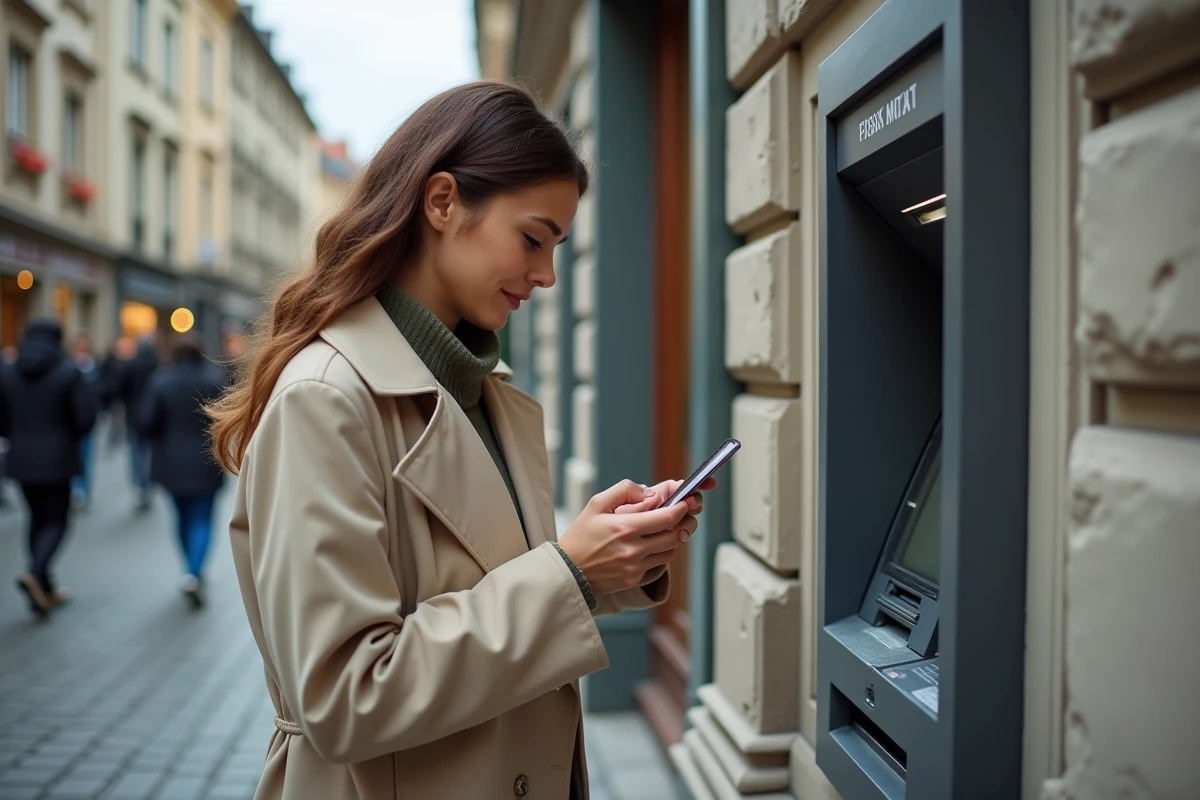 Femme utilisant un distributeur automatique de billets en ville tout en consultant son smartphone pour trouver le DAB le plus proche
