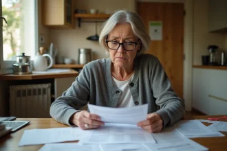 Femme d'âge moyen consultant des documents administratifs liés au capital décès, AAH ou invalidité à domicile
