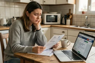 Femme consultant ses documents de chômage et fiches de paie après un CDD saisonnier répété