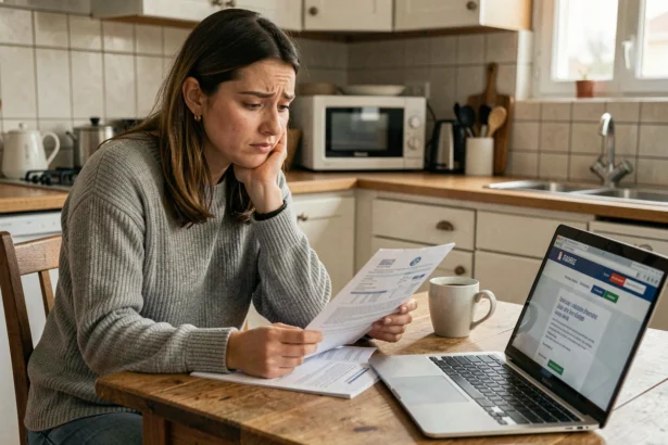 Femme consultant ses documents de chômage et fiches de paie après un CDD saisonnier répété