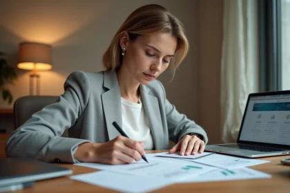 Femme consultant des documents financiers pour un rachat de crédit Cofidis à son bureau à domicile